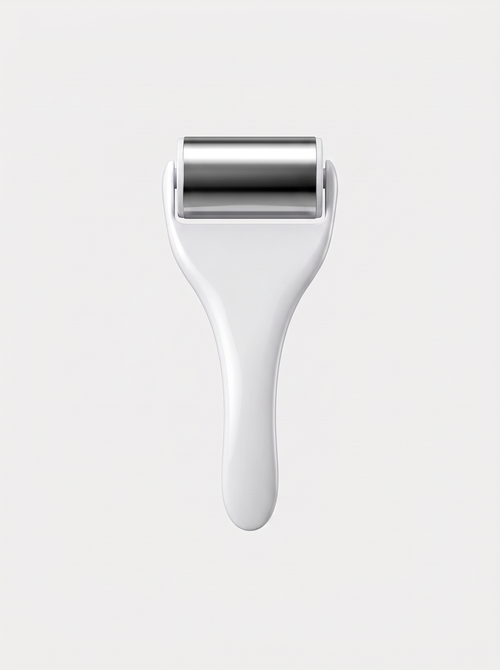 CryoLuxe Facial Roller in white with stainless steel wheel