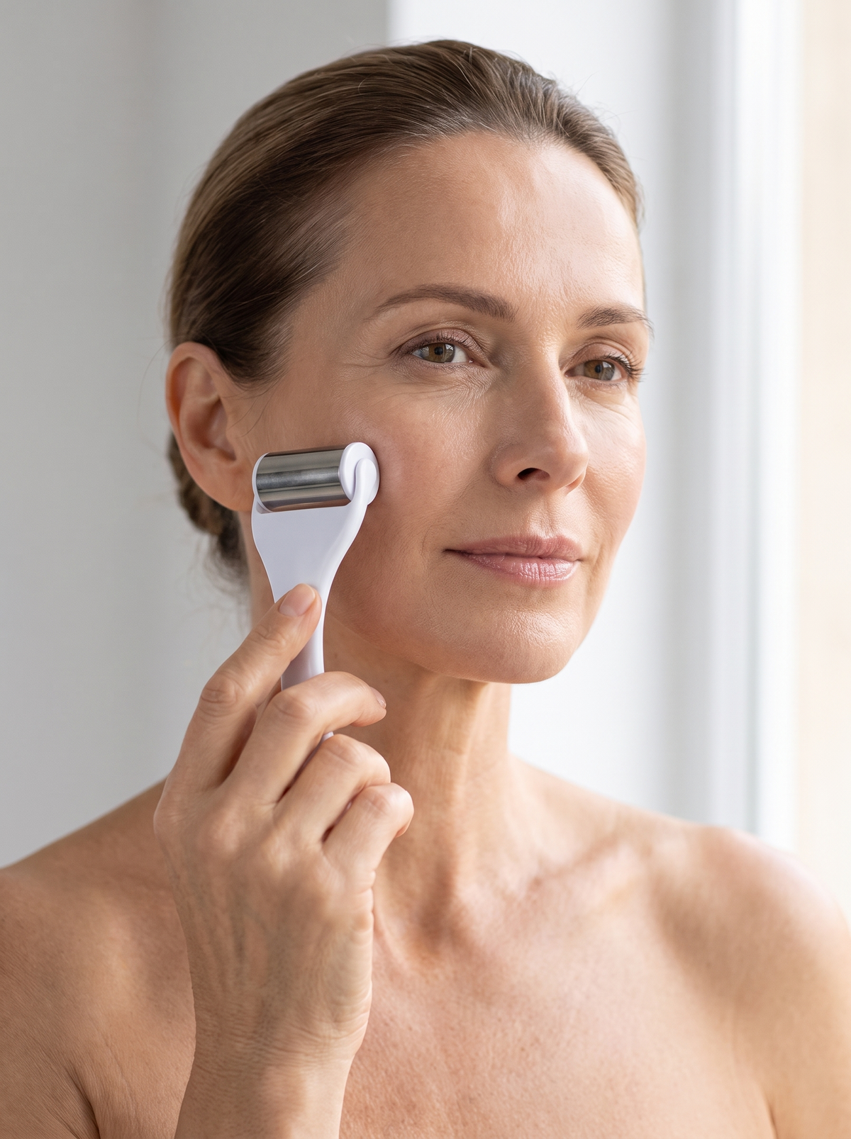 Woman using the CryoLuxe Facial Roller on her cheekbone