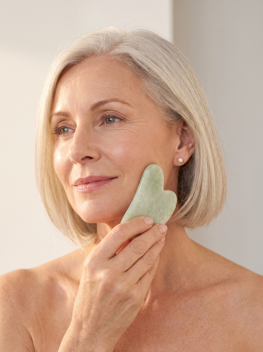 Woman gliding the Radiance Sculpt gua sha stone along her jawline