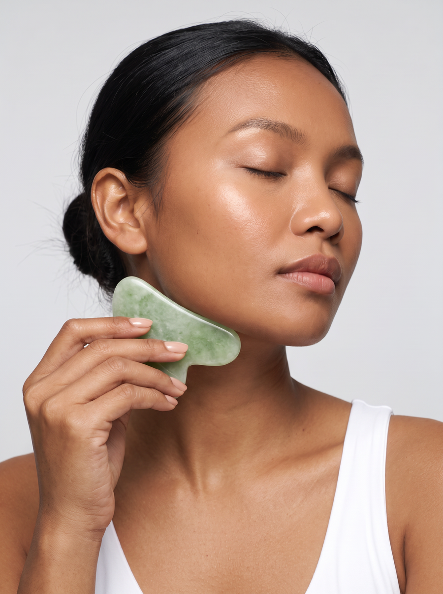 Woman using the Radiance Sculpt gua sha stone on her cheek
